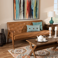 Baxton Studio BBT8013-Tan Sofa Sorrento Mid-Century Modern Tan Faux Leather Upholstered and Walnut Brown Finished Wood Sofa